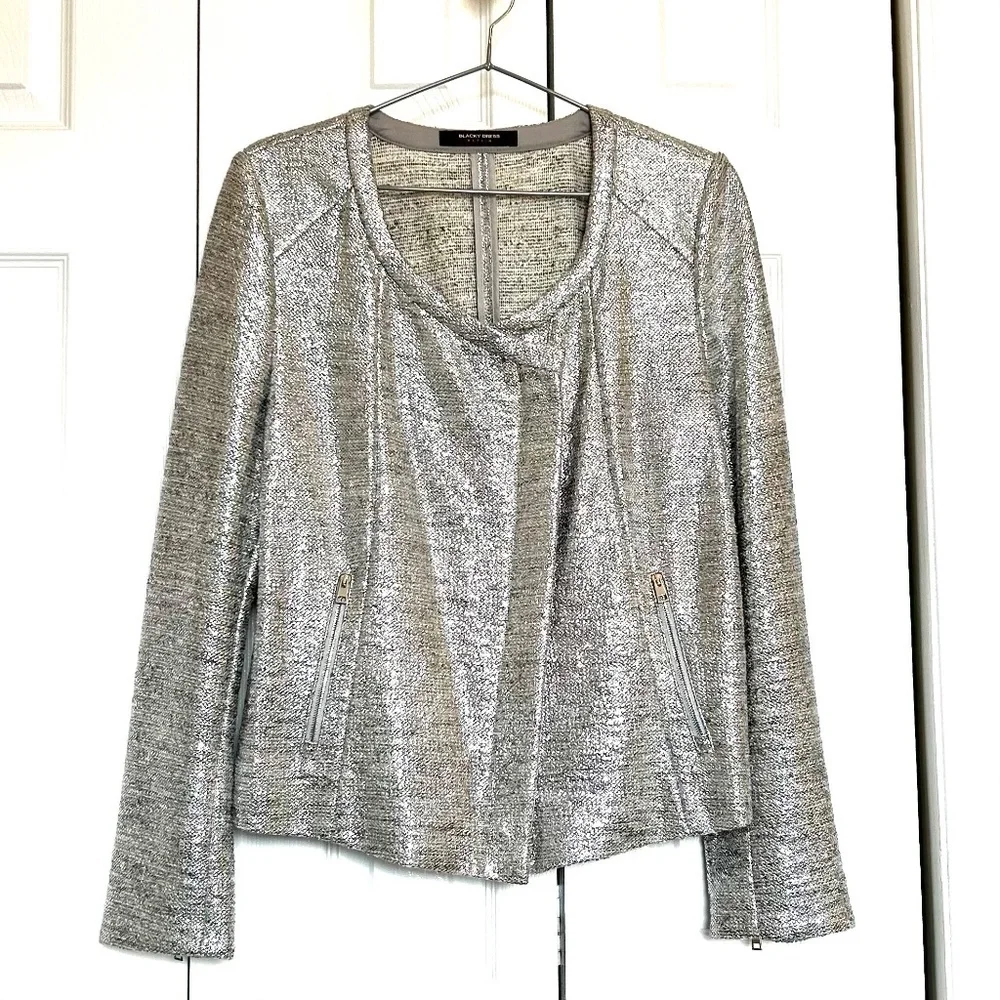 Blacky Dress Berlin Silver Tweed Moto Jacket Asymmetric Zipper Size US8 CAN10 - Picture 14 of 14